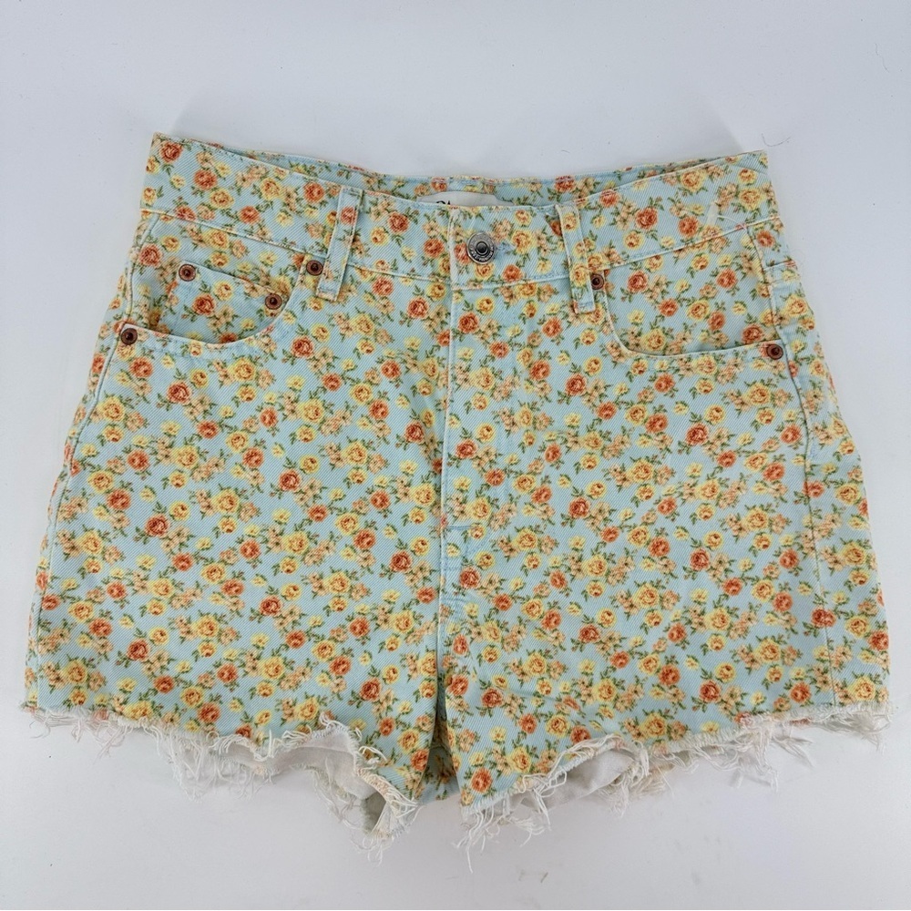 Zara Floral High The 90s Short Waisted Distressed Jean Shorts